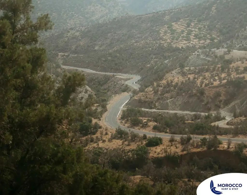 An aerial view shows a long, winding road snaking its way through arid, rolling hills and valleys in a rural part of Morocco. The landscape is covered in sparse, dry vegetation, and a single, out-of-focus tree branch frames the left side of the image, adding to the feeling of a vast, open landscape.