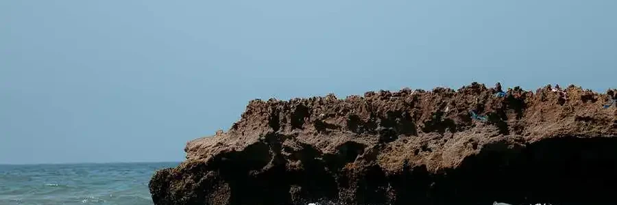 A horizontal shot of a rugged, dark brown rocky outcrop extending into the left side of the frame, with the gentle blue ocean in the foreground and a clear, pale blue sky above. White waves are visible breaking on the shore in front of the rocks.